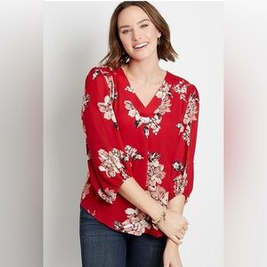 Maurice’s Red Floral Balloon Sleeve V-Neck Blouse